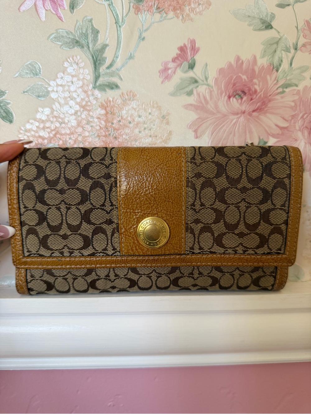 Vintage 2 in 1 coach  Brown Signature Canvas Trifold Wallet with Tan Leather